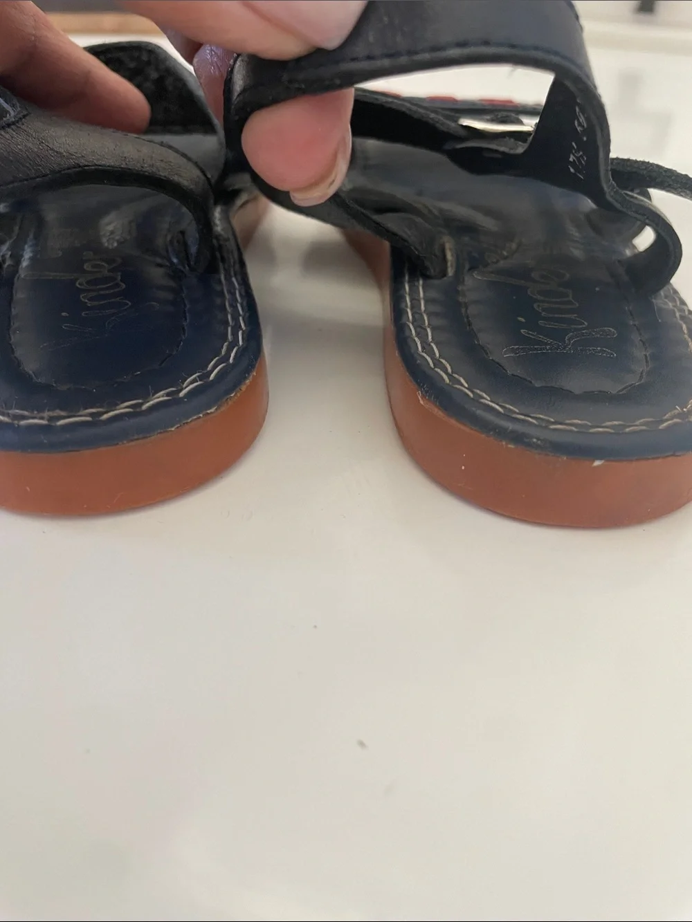 Kinder Navy Leather Kids Sandals with Red Accents
